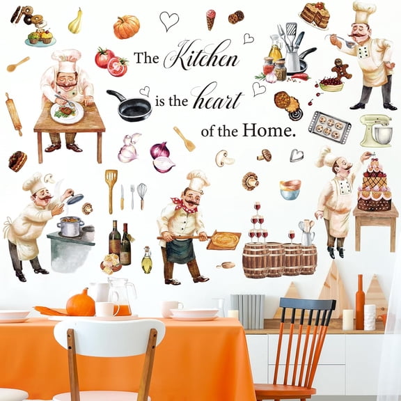 Chefs Peel and Stick Wall Decals Italian Fat Chefs Cooking Wall Sticker Wine Cake for Kitchen Restaurant Dining Room Home Decoration, 6 Sheets