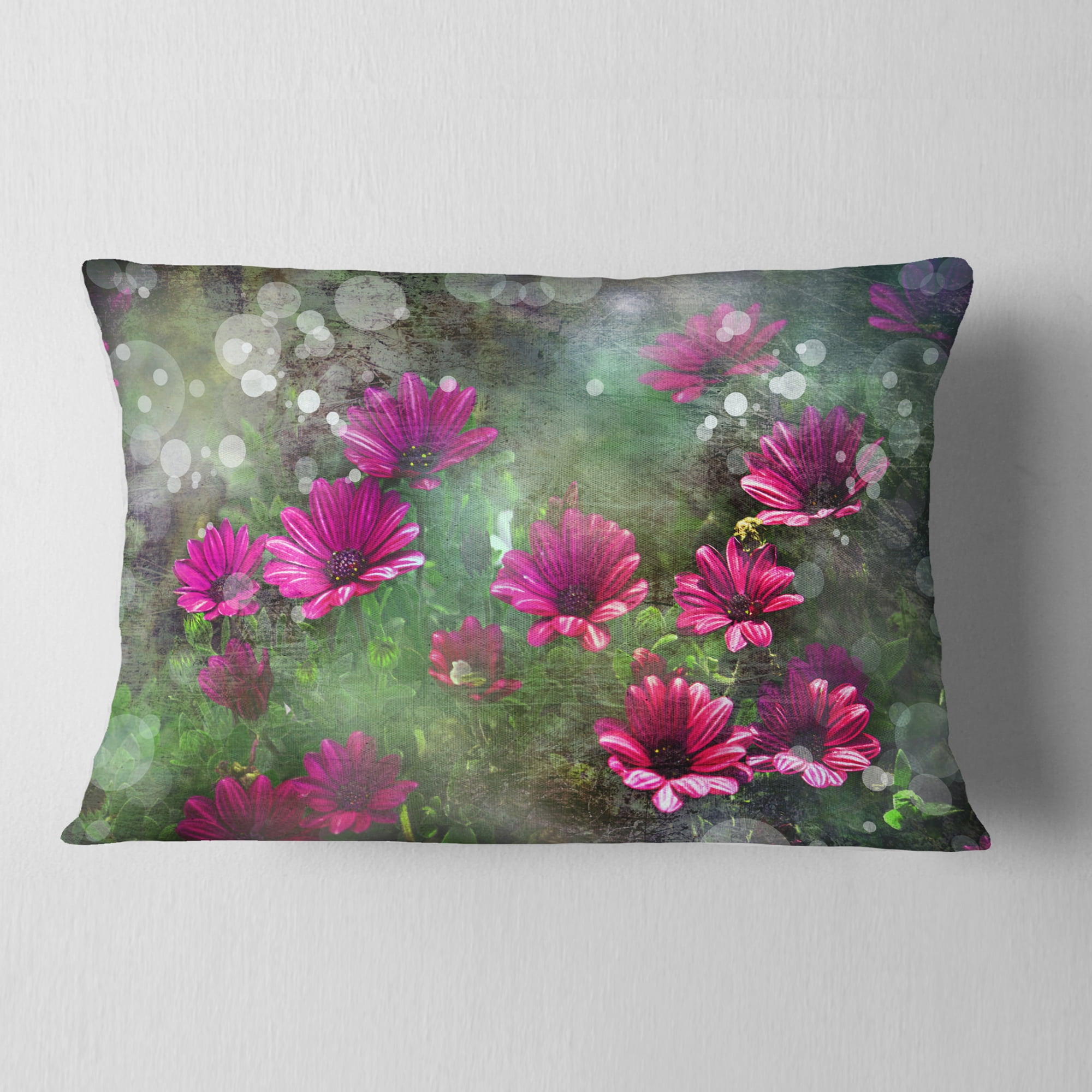 Designart Red and Pink Flowers on Green - Floral Throw Pillow - 12x20