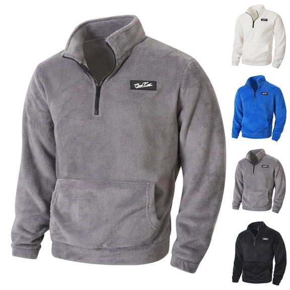 RYDCOT Mens Fuzzy Sherpa Sweatshirt Pullover Quarter Zip Fleece Pullover Winter Fall Warm Outerwear with Kangaroo Pocket White