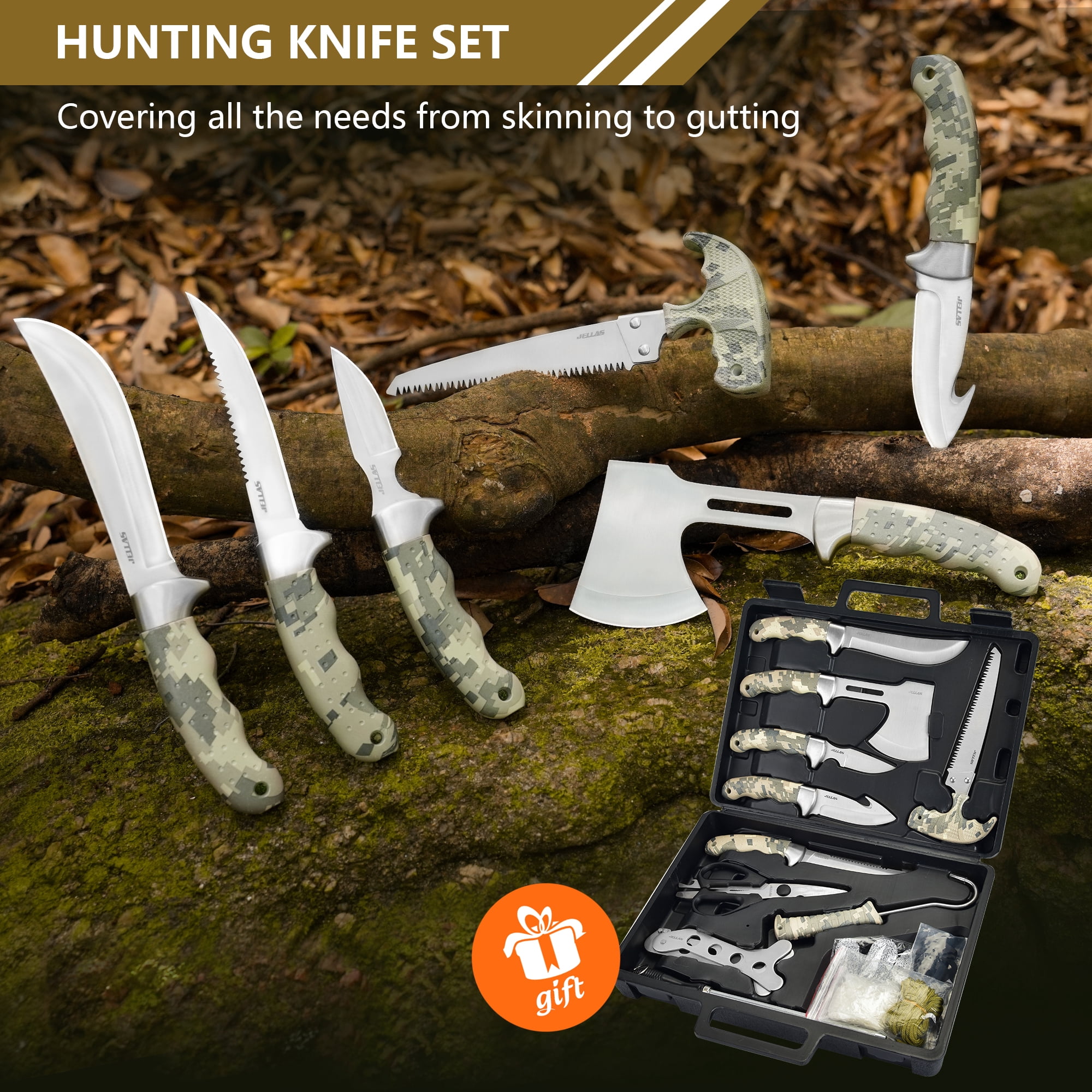 Jellas Fixed Blade Deer Hunting Knives Set, 15 Pieces Skinning Knife for Hunting, Field Dressing Kit for Hunting, Fishing, Camping