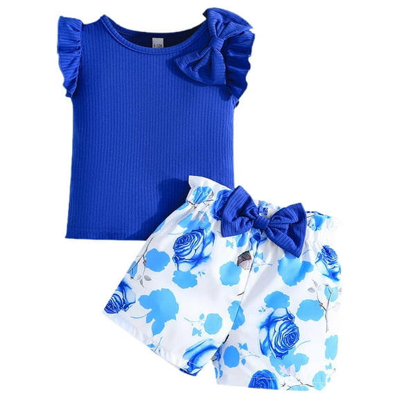 Fesfesfes Children's Girls Bow Fly Sleeve Tops and Floral Shorts Set Solid Color 2-Piece Summer Outfit,Elastic Waist Casual Play Clothes,Cute Home or Vacation Wear(Blue,9-12 Months)
