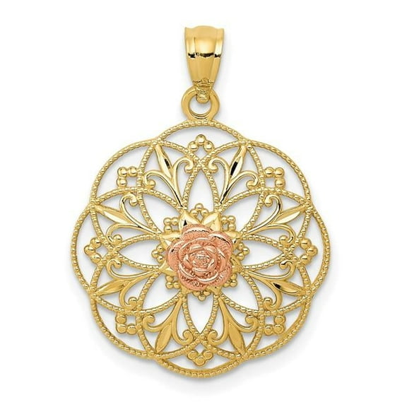 Finest Gold 14K Two-Tone Yellow & Rose Polished Rose in Round Filigree Charm