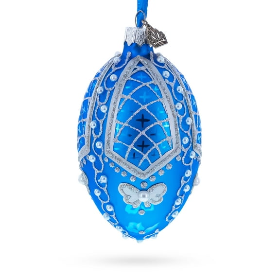 Pearls on Blue Glass Egg Ornament 4 Inches