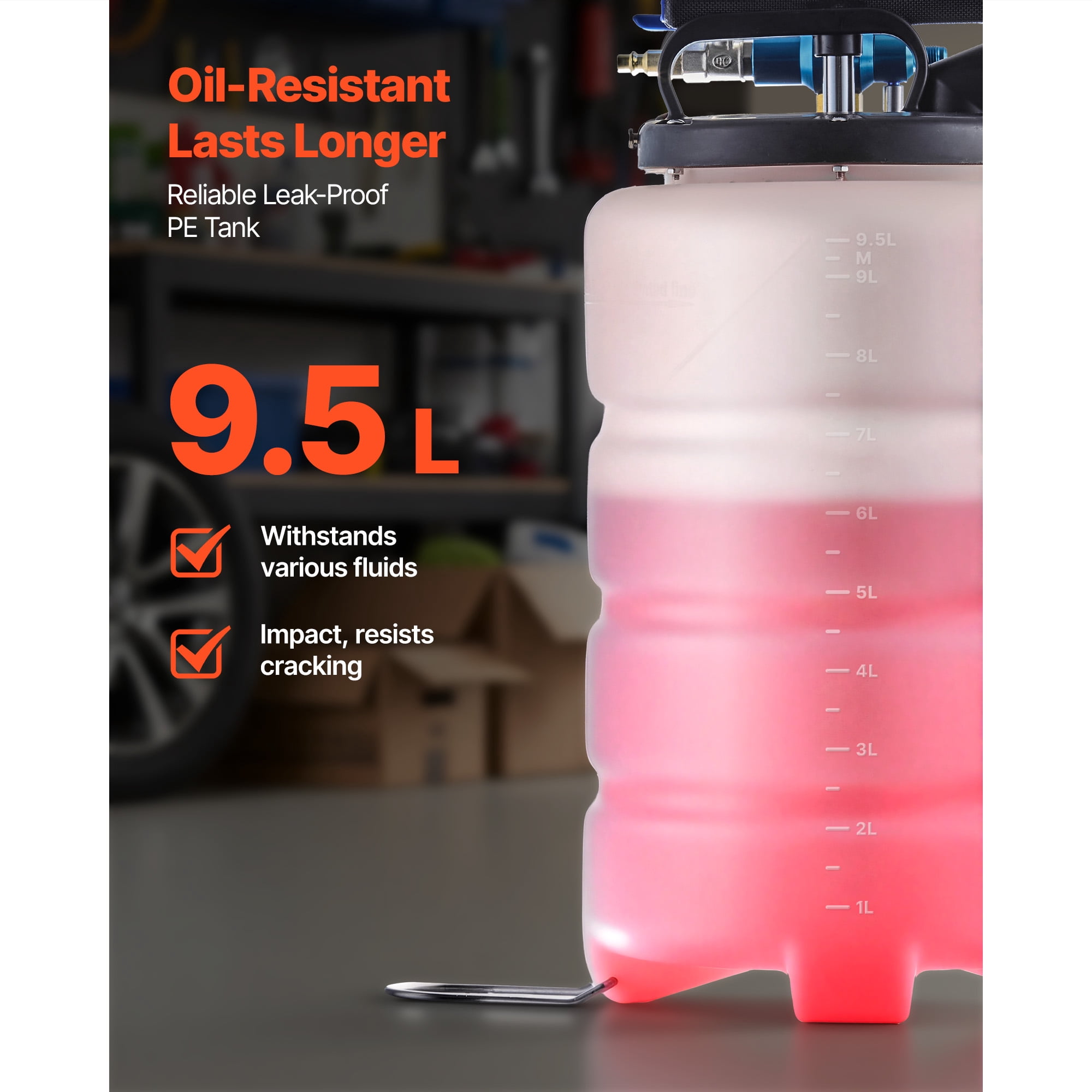 KFFKFF 9.5 L Fluid Extractor, Pneumatic and Manual Vacuum Oil Pump with 59 in Hose & Three 47 in Extension Tubes, Oil Change Tool with Durable PE Tank for Vehicles, Lawn Equipment, and Boats