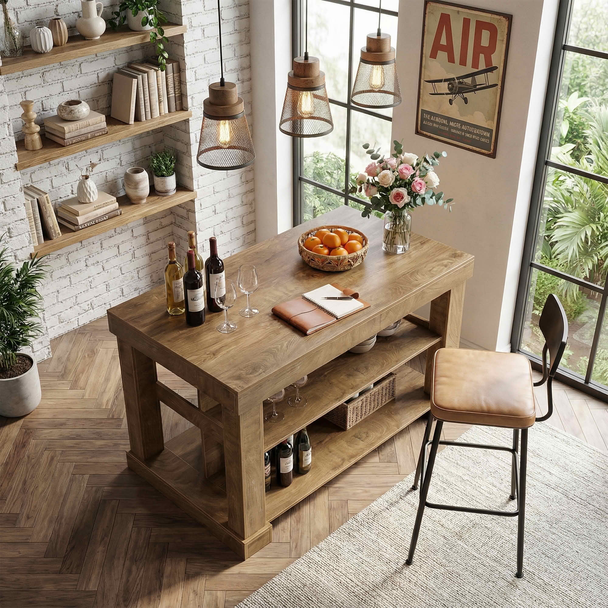 MAYEERTY 55" Home Bar Table with 3-Tier Storage Shelves, Light Brown MDF Indoor Pub Table, 350 lbs Capacity Waterproof Scratch-Resistant Bar Unit