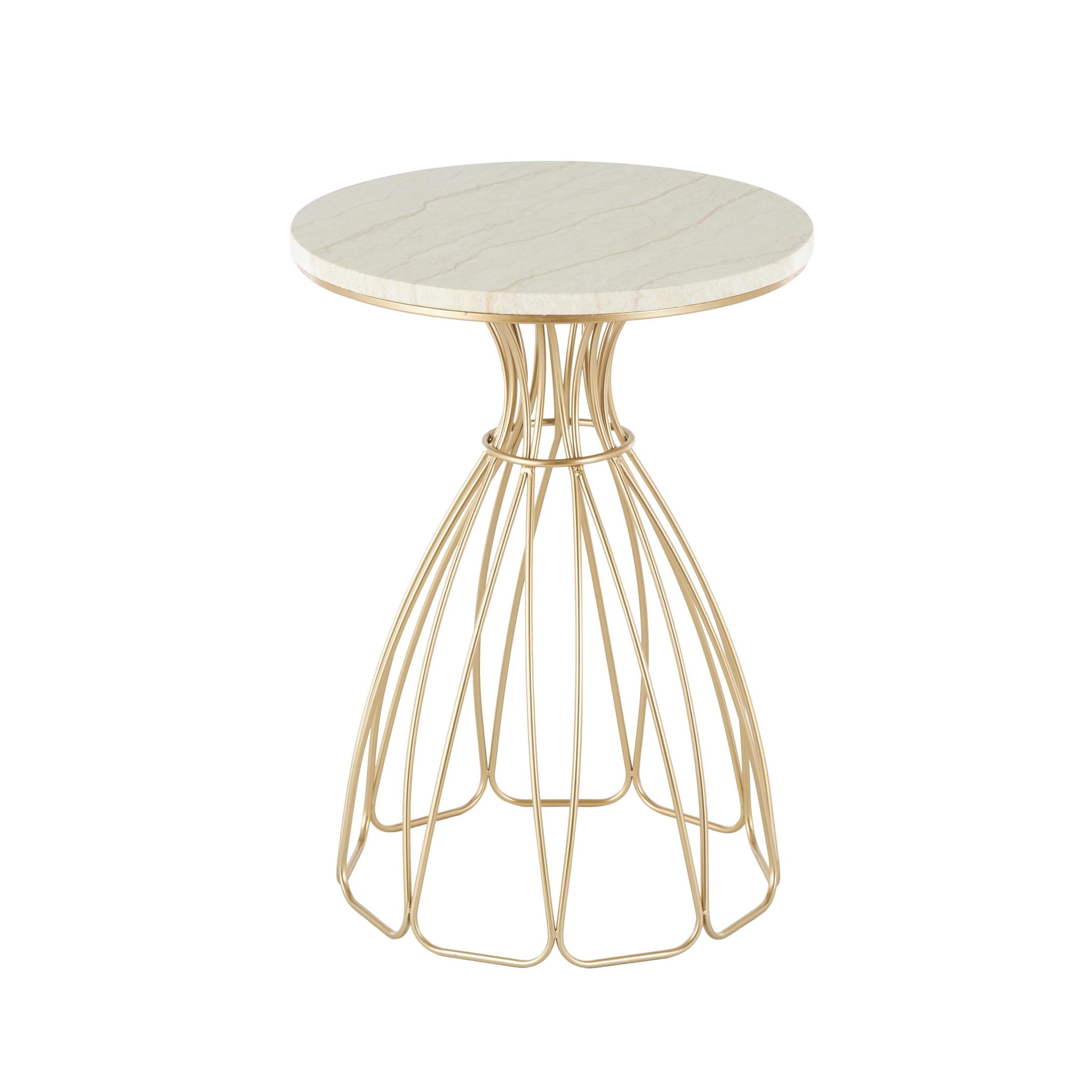 DecMode 16" x 22" Gold Metal Flower Inspired Accent Table with Cream Marble Tabletop, 1-Piece