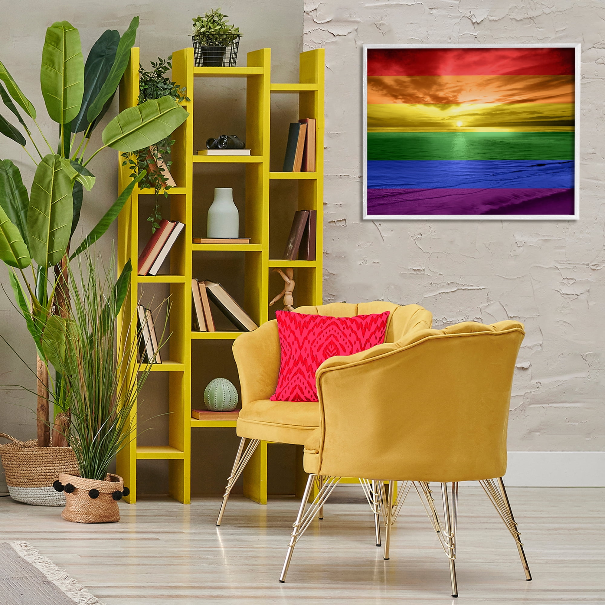 Stupell Industries Rainbow Sunset Beach Coastal Painting White Framed Art Print Wall Art, 30 x 24