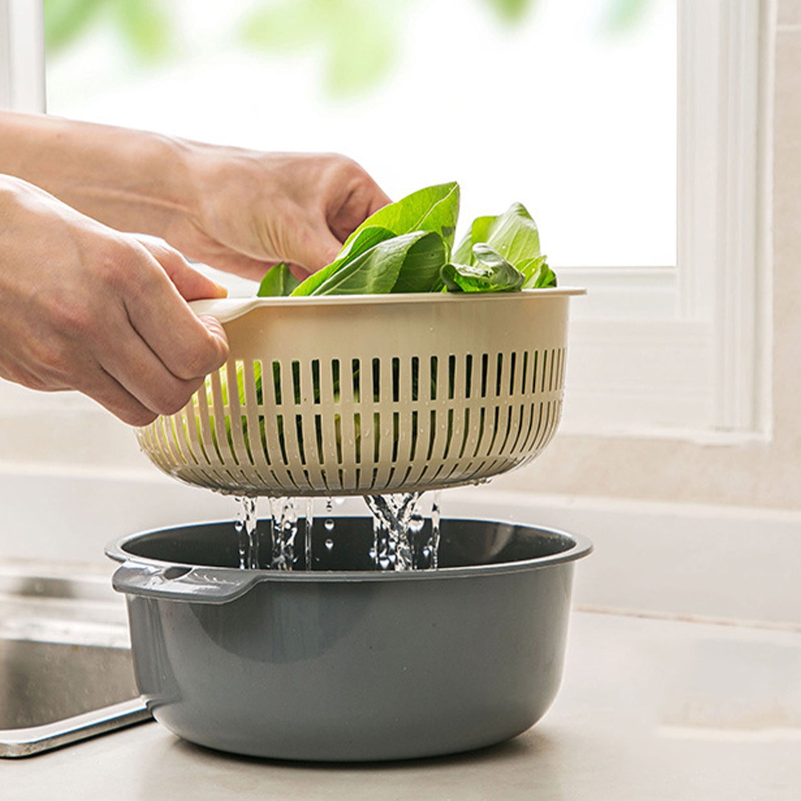 Fruits Vegetables Washing Basket,Round Plastic Double Layer Kitchen Strainer Colander Bowl Set Pasta Noodles Washing Basket for Fruit Vegetable Wash