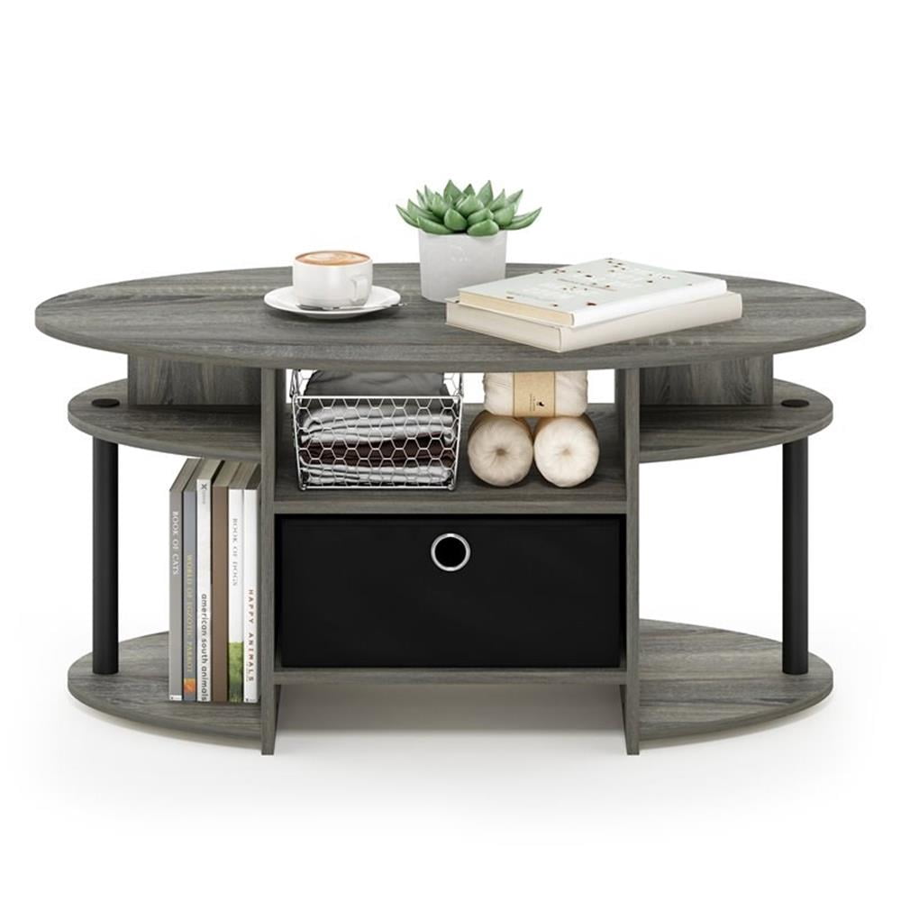 Furinno JAYA Simple Design Oval Coffee Table with Bin, French Oak Grey/Black
