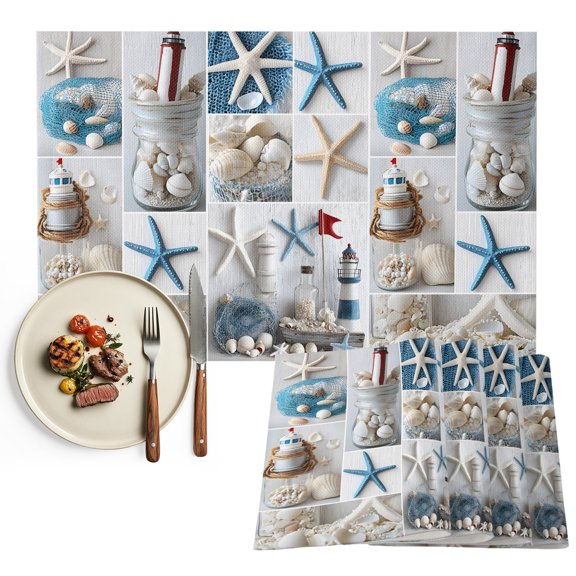 Coastal Placemats Set of 2, Summer Beach Starfish Nautical Sea Shell Washable Wipeable Table Mats for Dining Tables, Indoor Outdoor Kitchen Place Mats for Holiday Party Table Decor