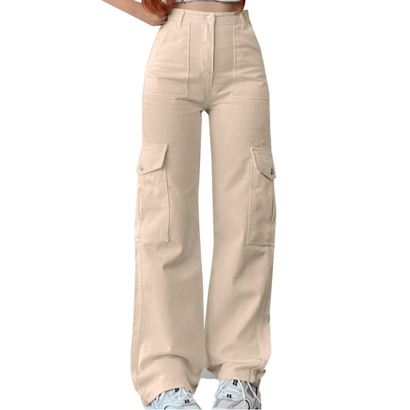 Fgnfyis Women Cargo Pants Mid Waist Three Pocket Cargo Trousers Casual Slim Fit Woven Pants for Women Beige XXL