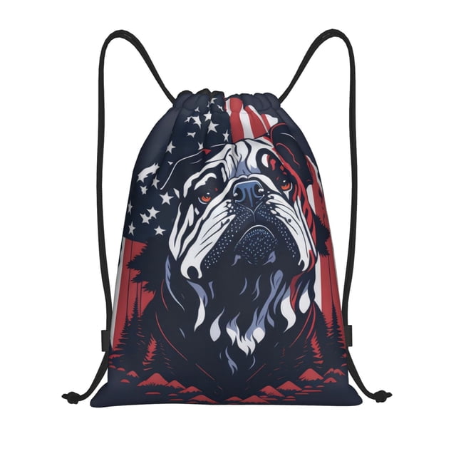 Xecao Bulldog with Forest Flag Pattern Sports Drawstring Backpack - String Swim Gym Bag with Wet Proof Pocket for Women&Men-Medium