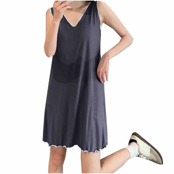 Camisón largo sin mangas con cuello en V para mujer, camisón holgado de talla grande, camisón de poliéster para mujer