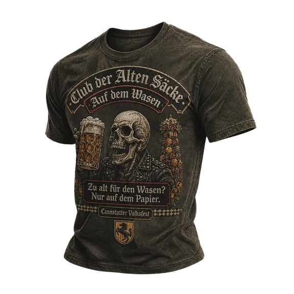 XIAOCHA Men's Oktoberfest‑Skeleton‑Harvest Washed‑Style Tees Bavarian‑Party Shirts Crew‑Neck Tops