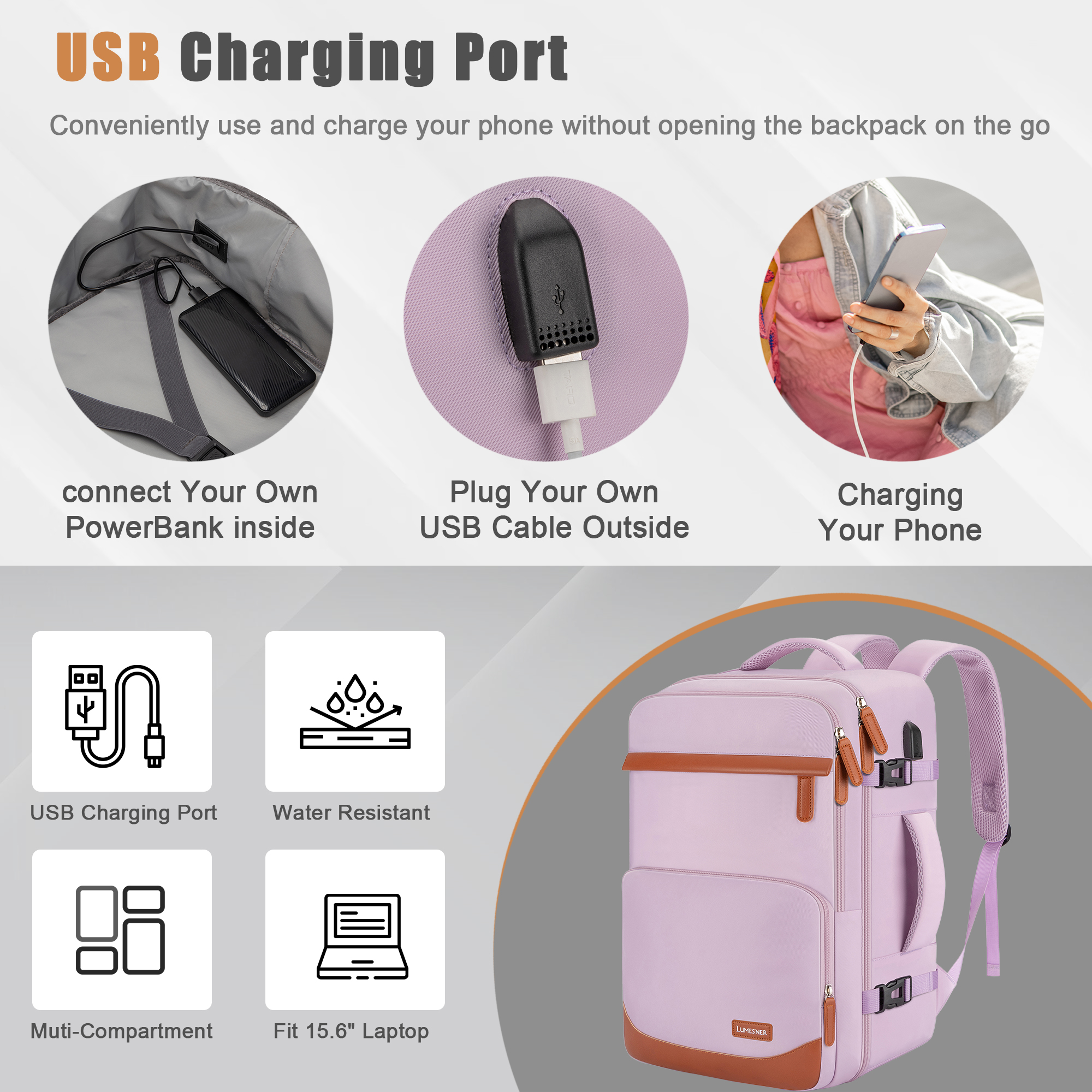 40L Travel Backpack with USB Charging Port, Water-Resistant Carry On Backpack for Men Women, Business Laptop Backpack for Trips & Commutes, Fits 17.3 Inch Laptop