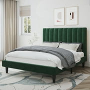 Amolife Queen Size Platform Bed Frame with Upholstered Velvet Channel Headboard, Green