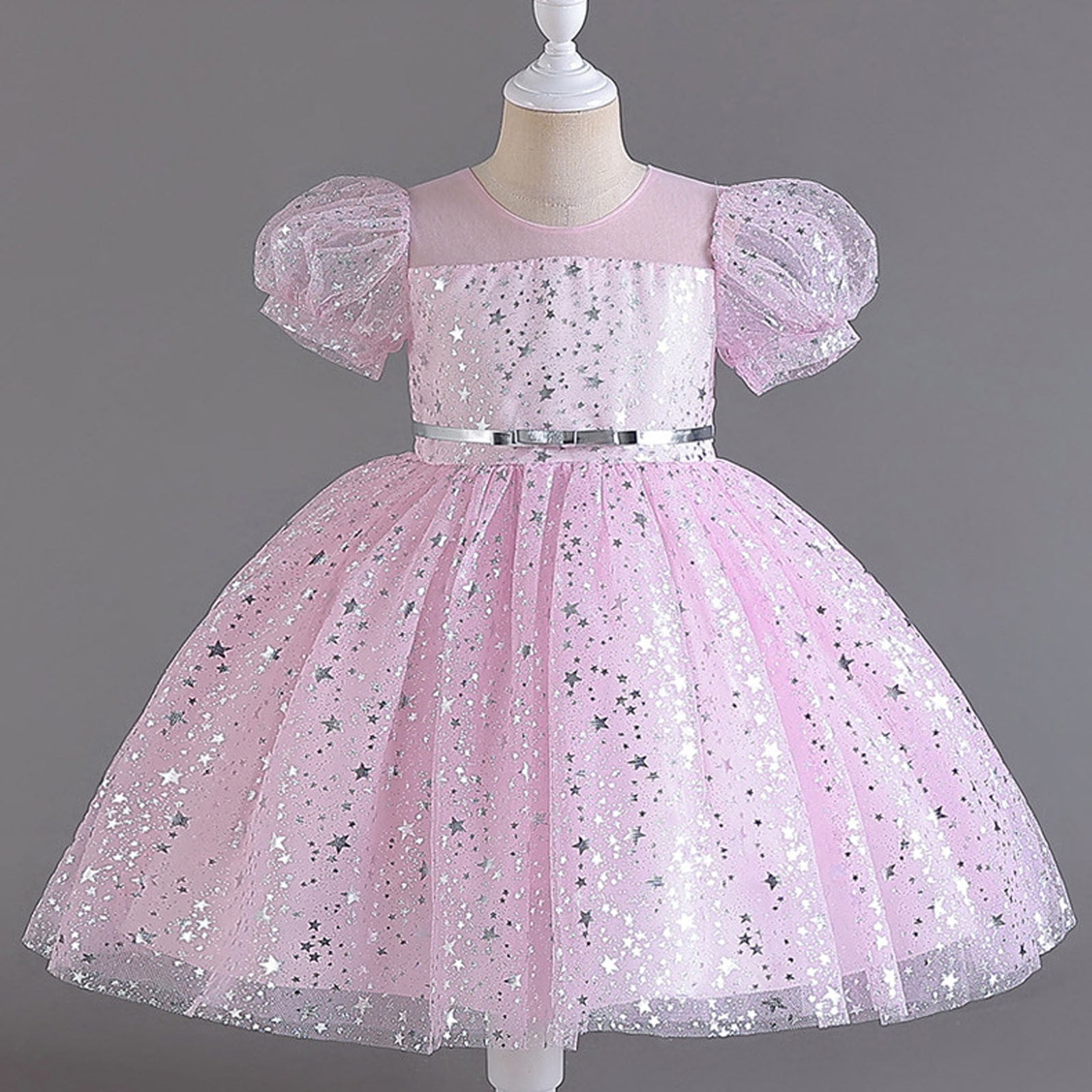 Girls Sequins Tutu-Dresses Layered-Tulle Size 4-12 Toddlers Kids Cute Short Puffed Sleeve Crewneck A-Line Birthday Evening Party Dress