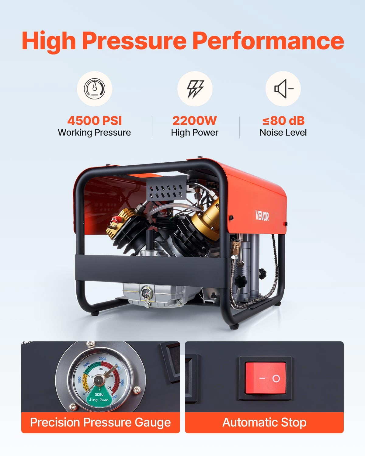 VEVOR PCP Air Compressor,4500PSI/30Mpa Diving Scuba Tank Air Compressor, Double-Cylinder Auto Stop PCP Diving Compressor with External Water & Fan Cooling System for Scuba Tanks,Paintball,Air Rifle