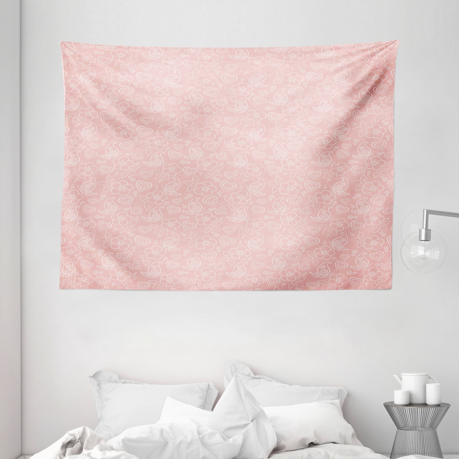 Light Pink Tapestry, Cute Flowers Spiral Leaves Heart Figures Lovers ...