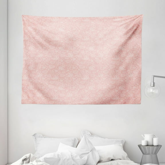 Light Pink Tapestry, Cute Flowers Spiral Leaves Heart Figures Lovers Romantic Girls Ornate Design, Wall Hanging for Bedroom Living Room Dorm Decor, 80W X 60L Inches, Cream Coral, by Ambesonne