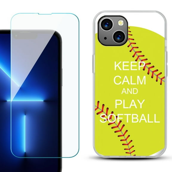 Slim-Fit Gel TPU Phone Case for iPhone 14, with Tempered Glass Screen Protector, by OneToughShield ® - Keep Calm Softball