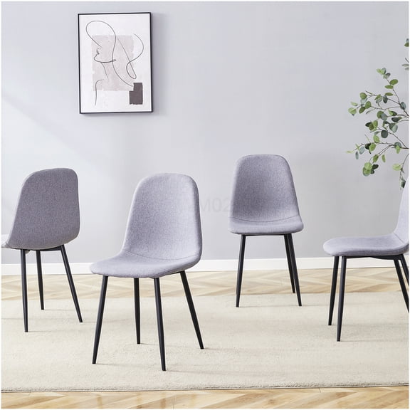 Set of 4 Light Gray Lining Dining Chairs with Black Metal Legs, Modern Upholstered Side Chairs for Kitchen, Dining Room