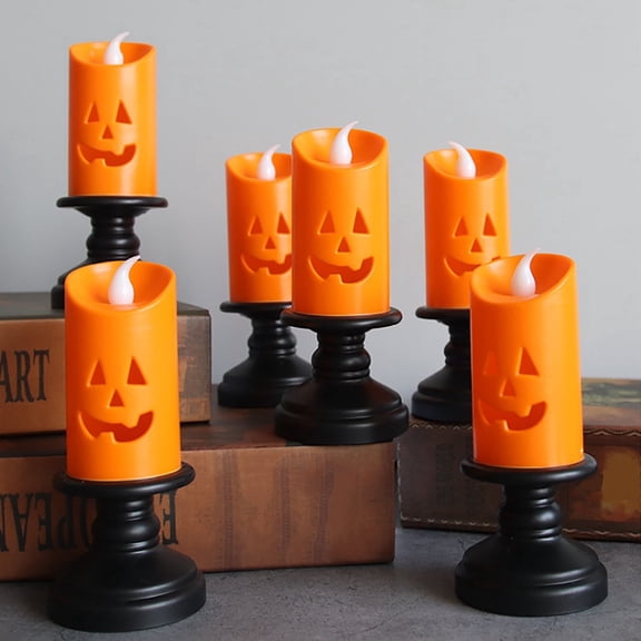 QuanTara 4 Pack Halloween LED Candle Lights, Battery Operated Flameless Flickering Pumpkin Lanterns for Indoor Outdoor Decor, Patio Door, Trick or Treat, 2.2x2.2x5.1in