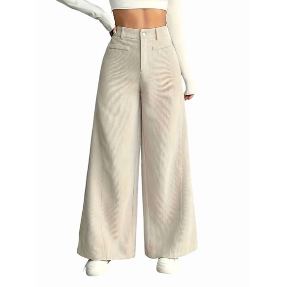 Corduroy Pants for Women Casual High Waisted One Buttoned Stretchy Loose Fit Wide Leg Pants with Pockets Cream White XL