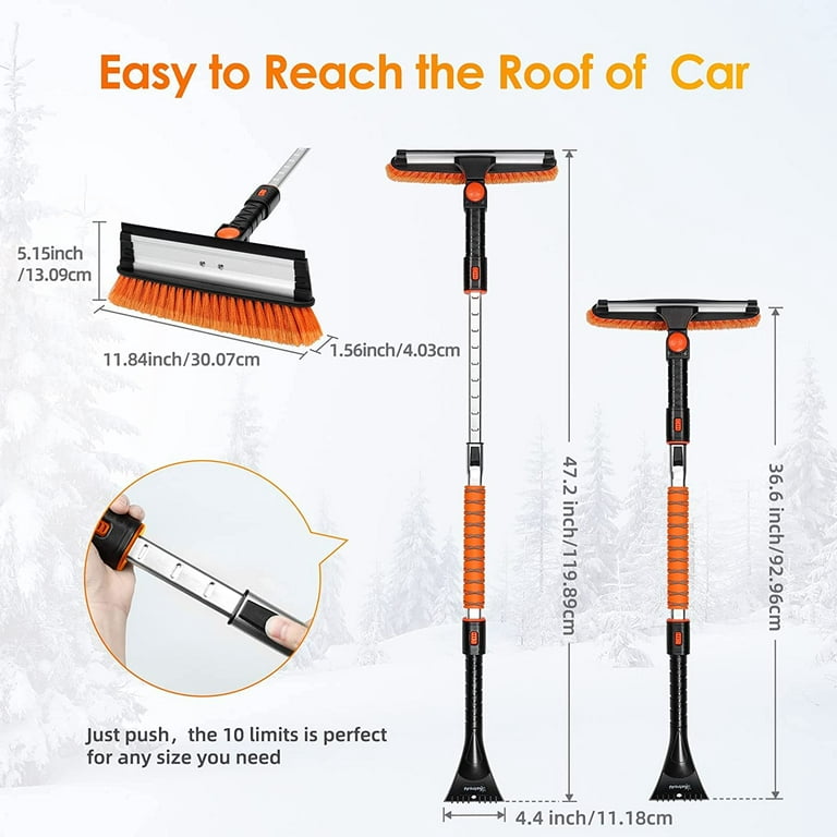 AstroAI 47.2 inch Ice Scraper Extendable Car Snow Brush,Snow Brush for Car, Orange with 180° Pivoting Brush Head