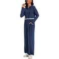 thumbnail image 4 of ATHLECHIC Two Piece Sets for Women Ribbed Knit Tracksuit Half Button Cropped Hoodie Wide Leg Pants Casual Lounge Sets L Navy Blue, 4 of 4