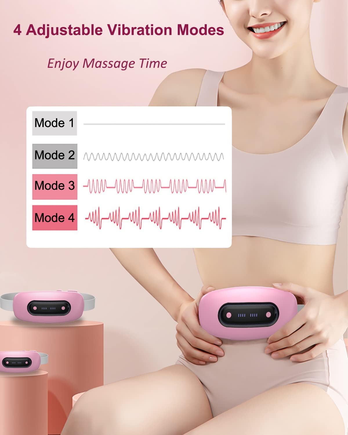 Portable Cordless Menstrual Heating Pad, Electric Waist Belt Device, Fast Heating Pad with 4 Heat Levels and 4 Massage Modes, Heating Pad for Cramps,Back or Belly Heating Pad for Women and Girl,Pink