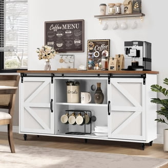 JoanKaren 55 Inch Buffet Sideboard Cabinet - Farmhouse Style, White With Wood Top, 2 Drawers & Doors