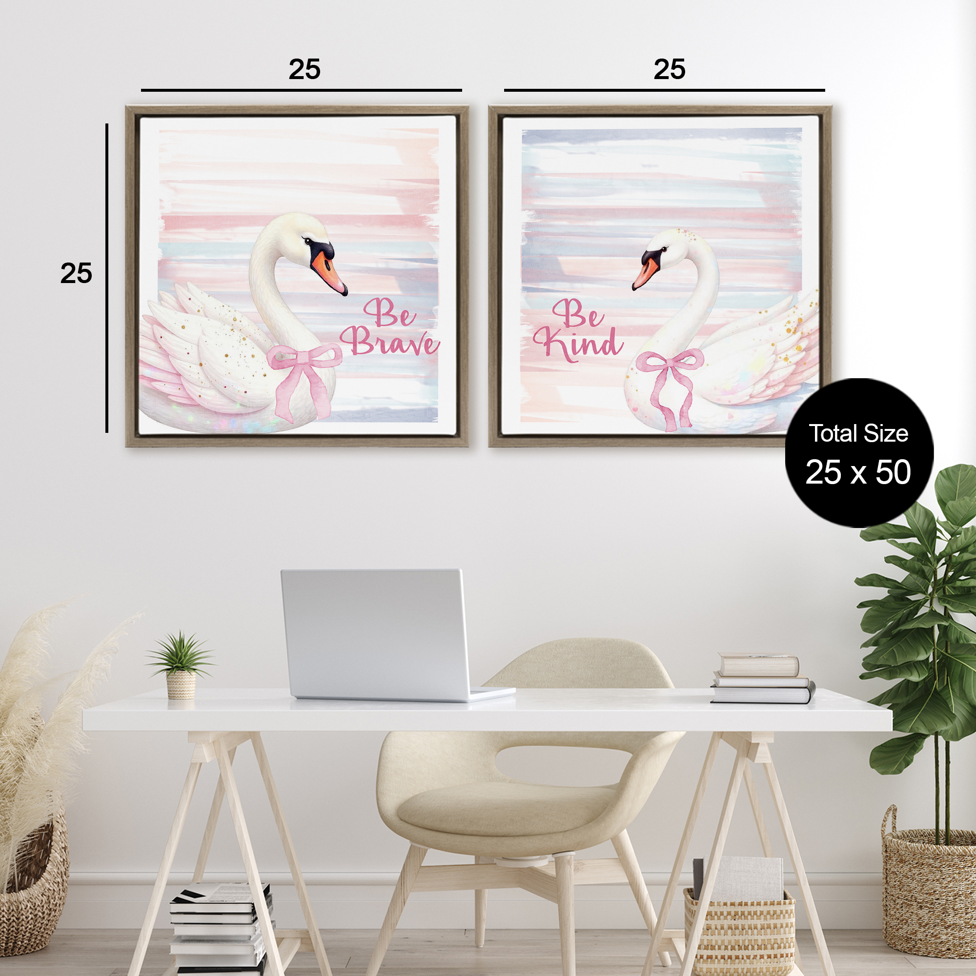 Be Brave & Kind Pastel Swan 2 Piece Brown Framed Floater Canvas Set, design by Kim Allen