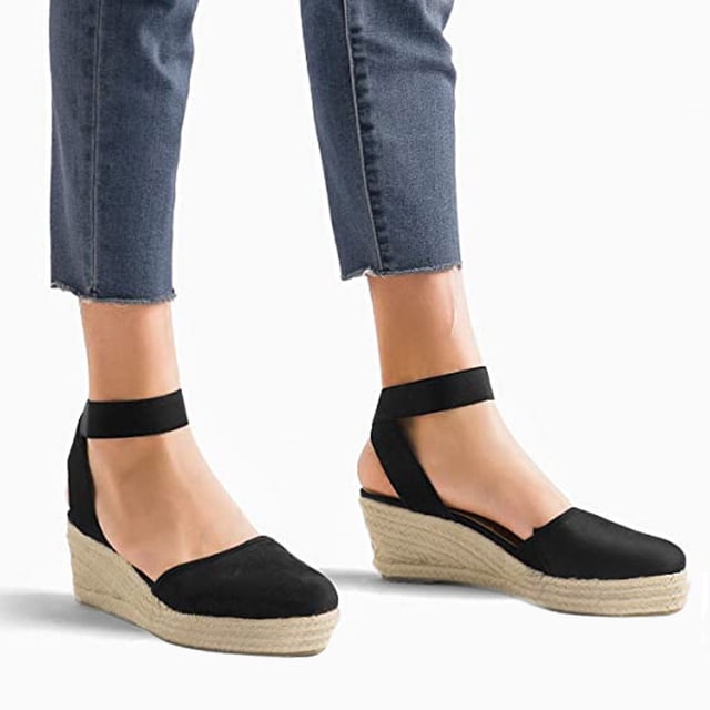 LSLJS Wedge Sandals for Women, Womens Elastic Ankle Strap Comfortable Breathable Weaving Shoes Wedges Sandals