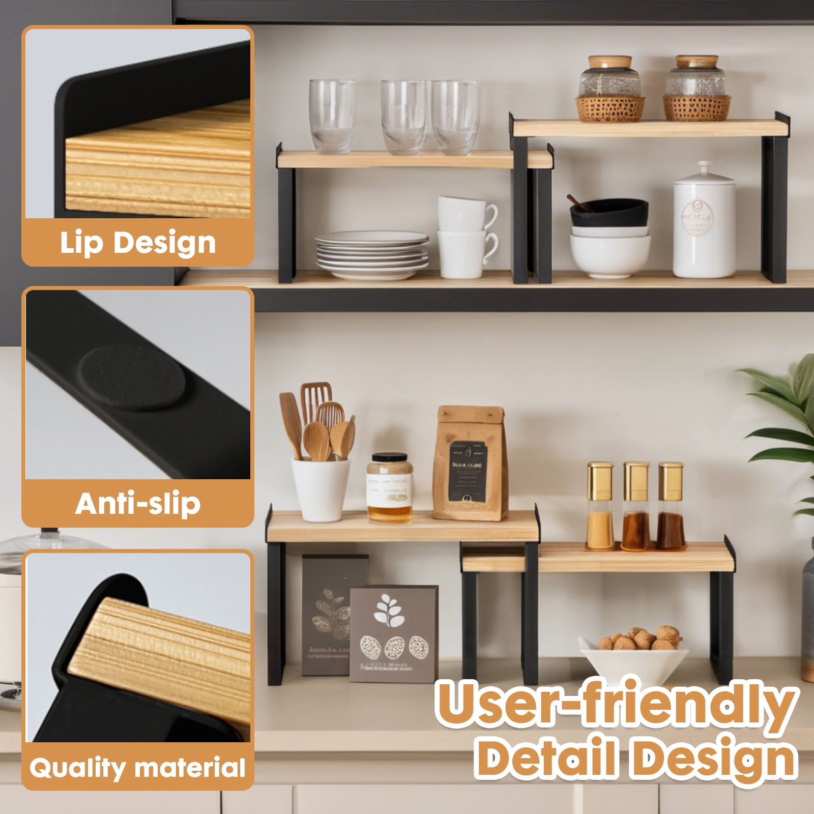 YOYTOO Kitchen Counter Organizer, 2 Pack Wooden Stackable Kitchen Countertop Cabinet Storage Shelves Spice Rack for Pantry