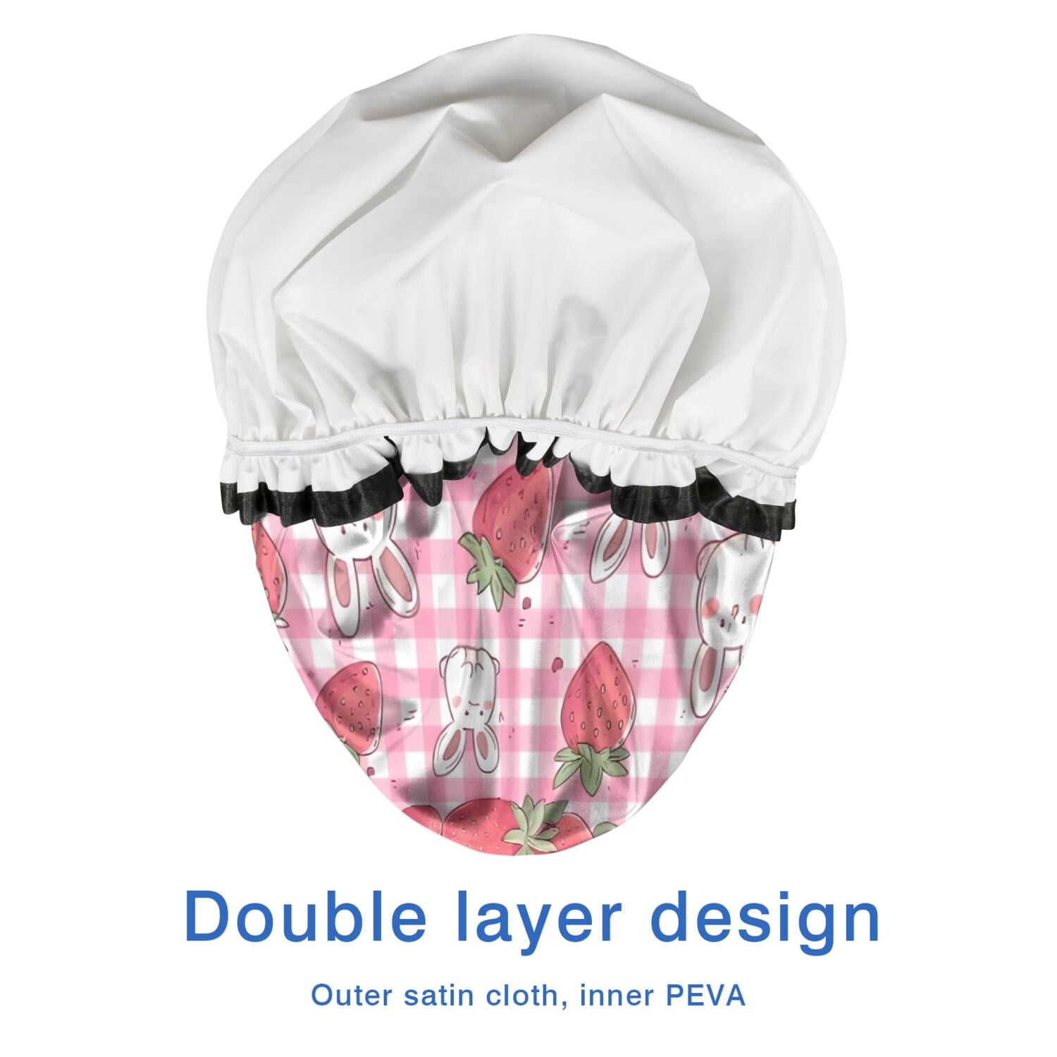 Shower Caps,Strawberry Plants Fruit Rabbit Checkered Waterproof Shower Cap for Women 4 Pieces,Double Reusable Hair Cover for Shower PEVA Elastic Stretch Hem