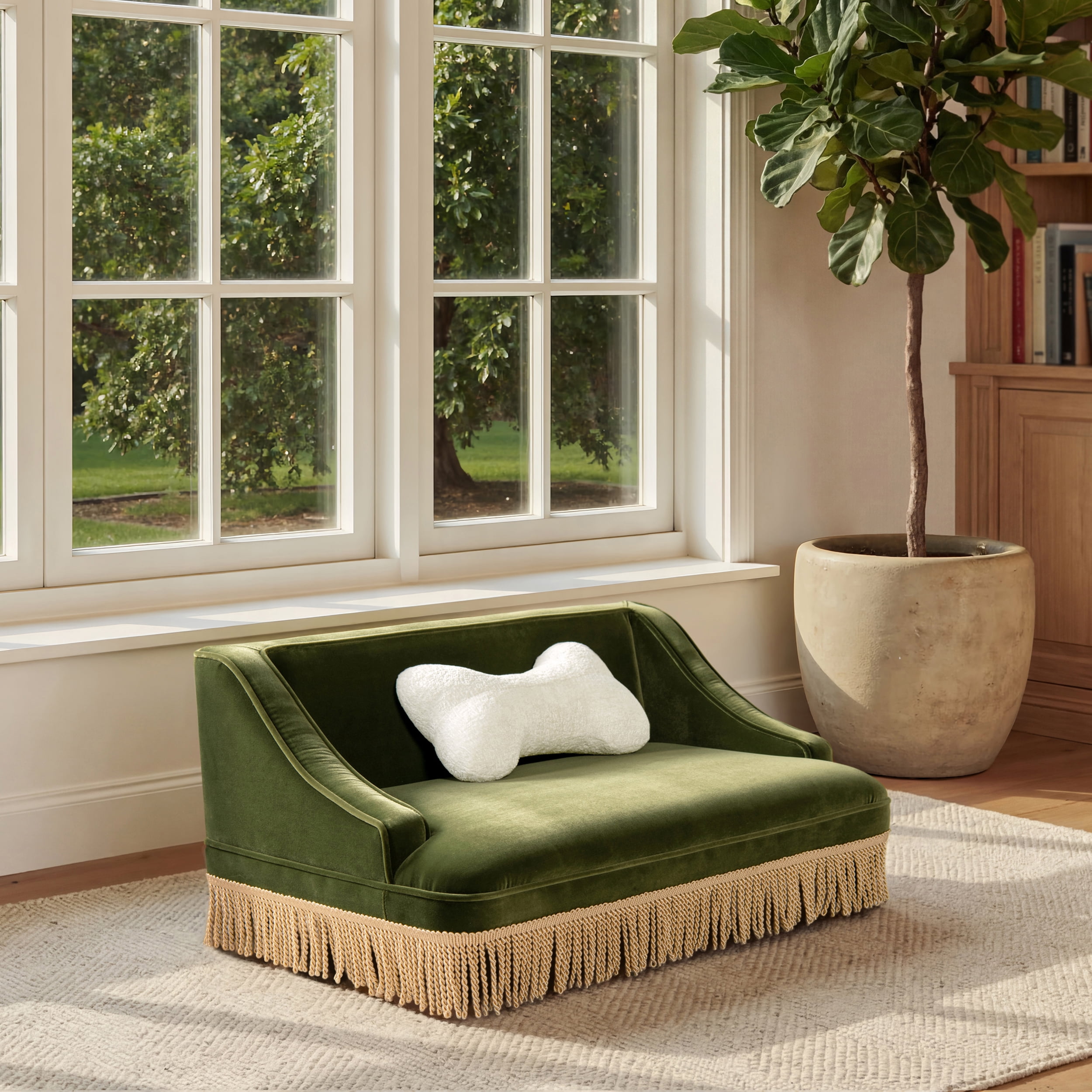 33" Medium Princess Pet Bed Sofa with Fringe Skirt, Olive Green Performance Velvet