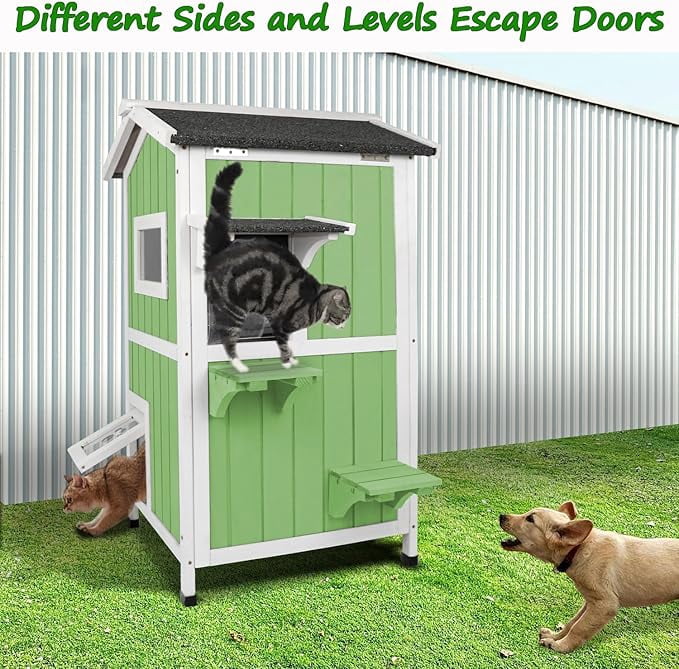 Gowoodhut Outdoor  House for Cats,Outside Feral Cats Shelter,Indoor Cat House,2 Story Wooden Kitten Cage with Weatherproof & Openable Roof, Escape Door,Removable Floors