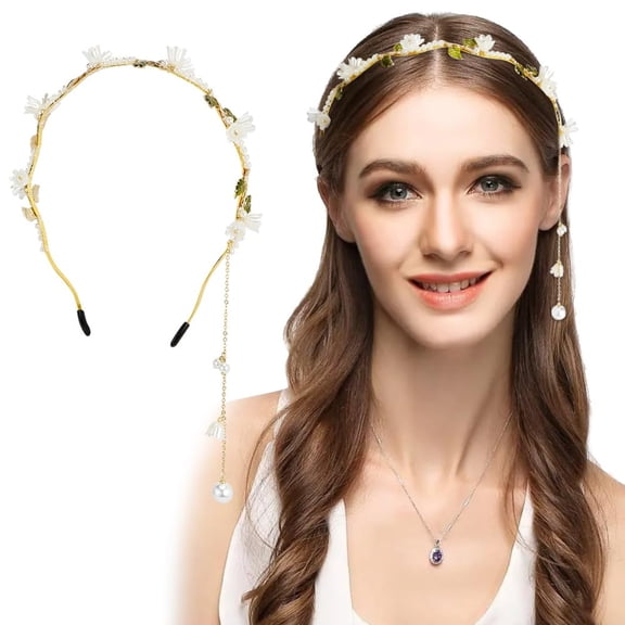 Flower Headband for Women Pearl Bell Orchid Hairband Fairy Accessories Headpiece Bridal Crown (6.3in)
