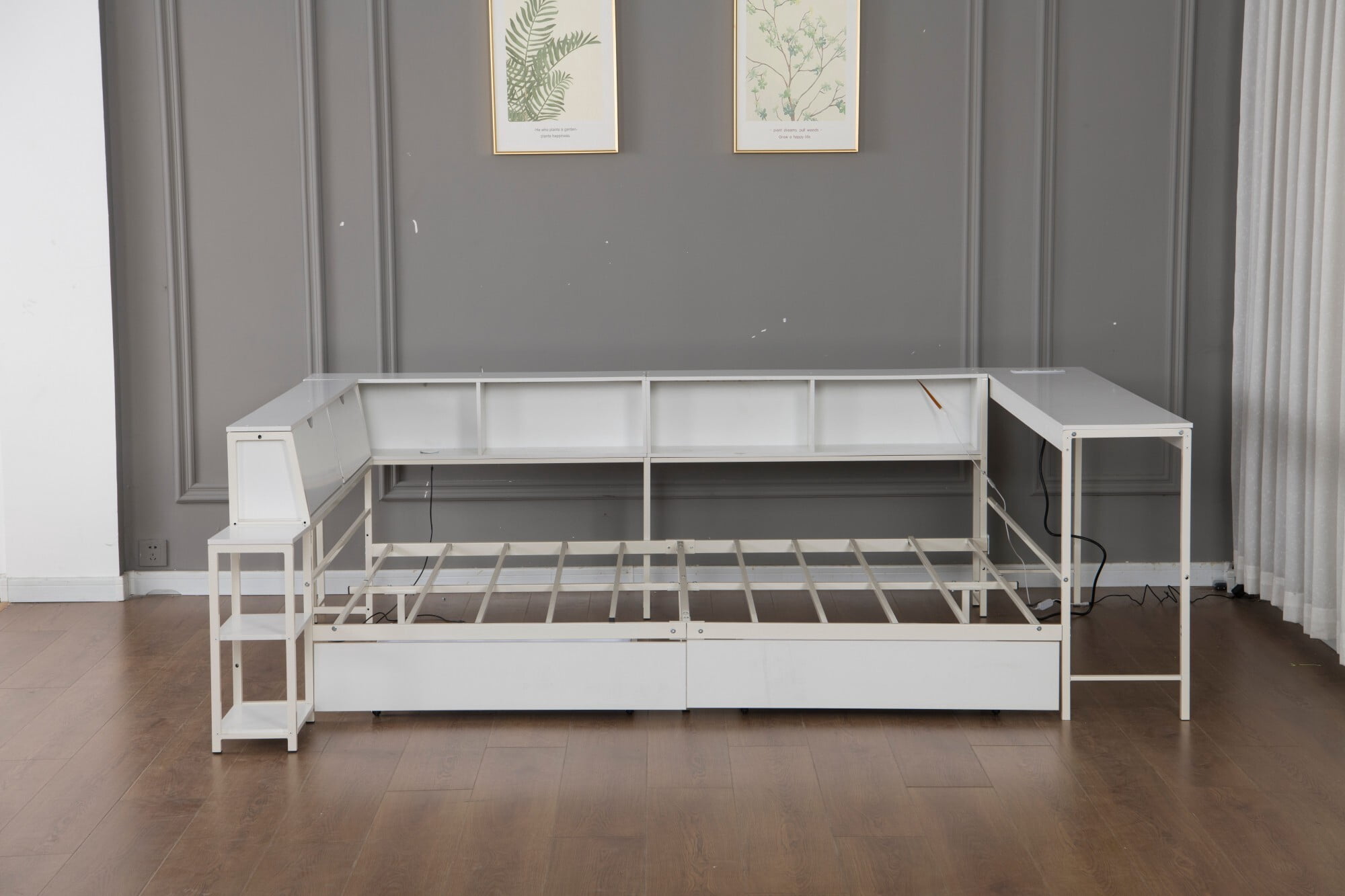 AENKYO Twin Size Corner Daybed with Desk & Storage, Reversible LED Bed Frame with Charging Station & Drawers, White