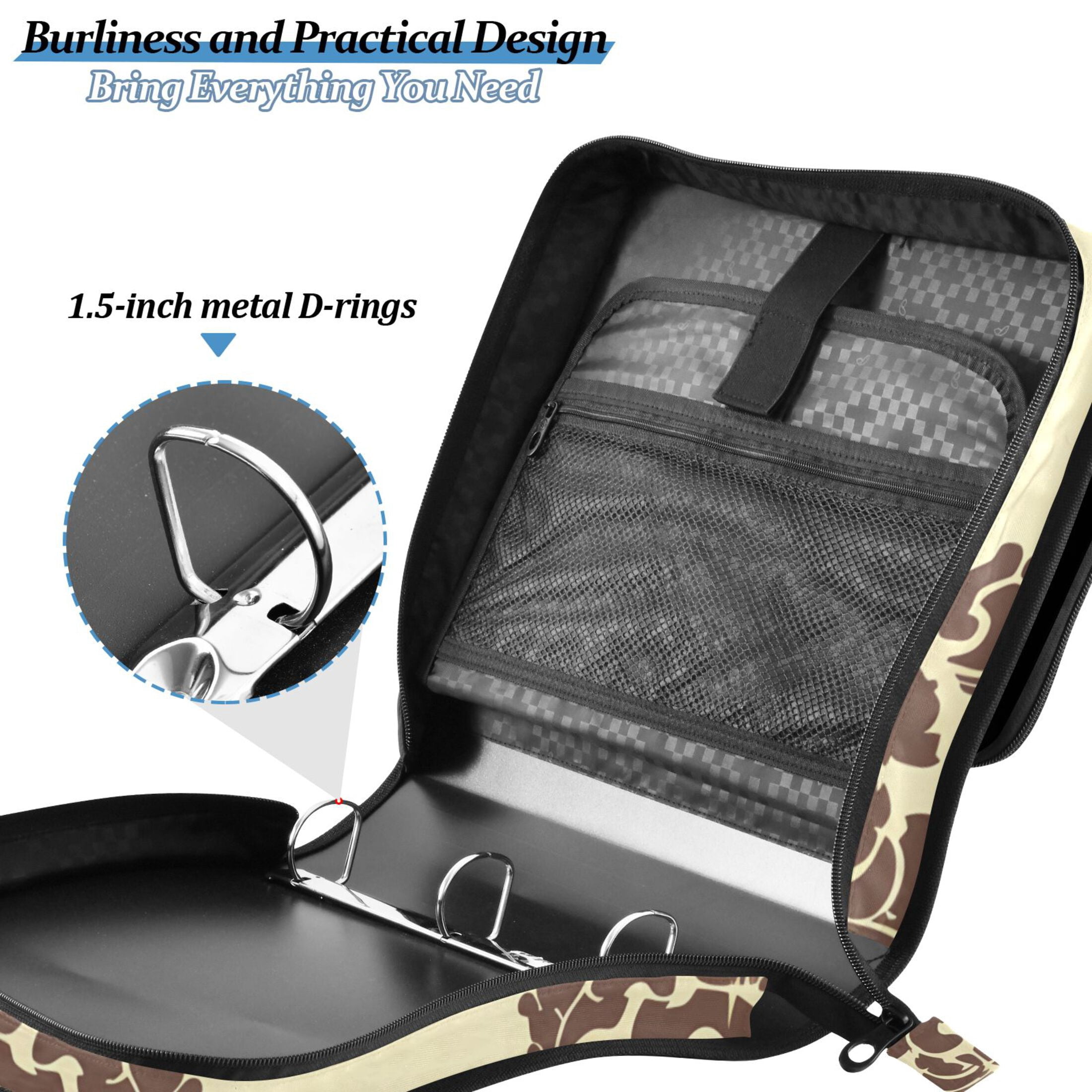 3 Ring Zipper Binder with Shoulder Strap Waterproof Trapper Keeper 2 Inch D-Ring 500 Sheets Capacity Elegant Damask Pattern