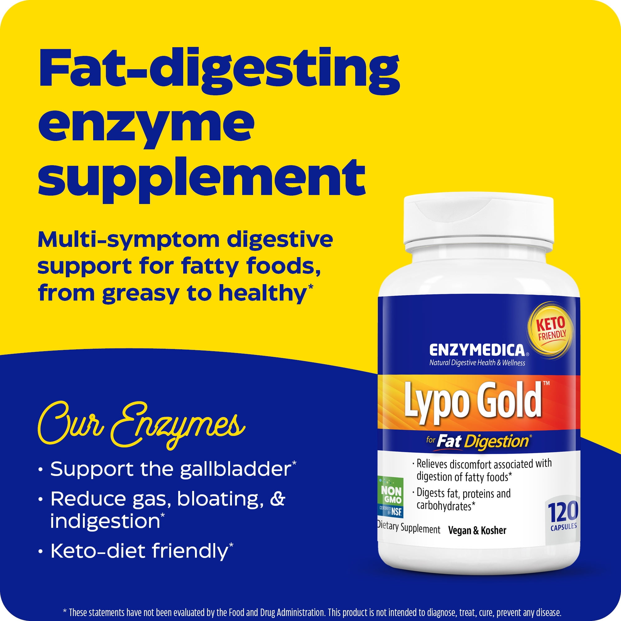 Enzymedica, Lypo Gold, Keto Supplement to Support Fat Digestion, Vegan, Gluten Free,  120 Capsules