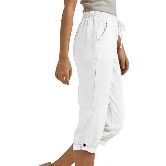 MLQIDK Capris for Women Drawstring Lounge Pants Knee Length Elastic Waist Cropped Pants Dressy Casual Pedal Pushers with Pockets White M