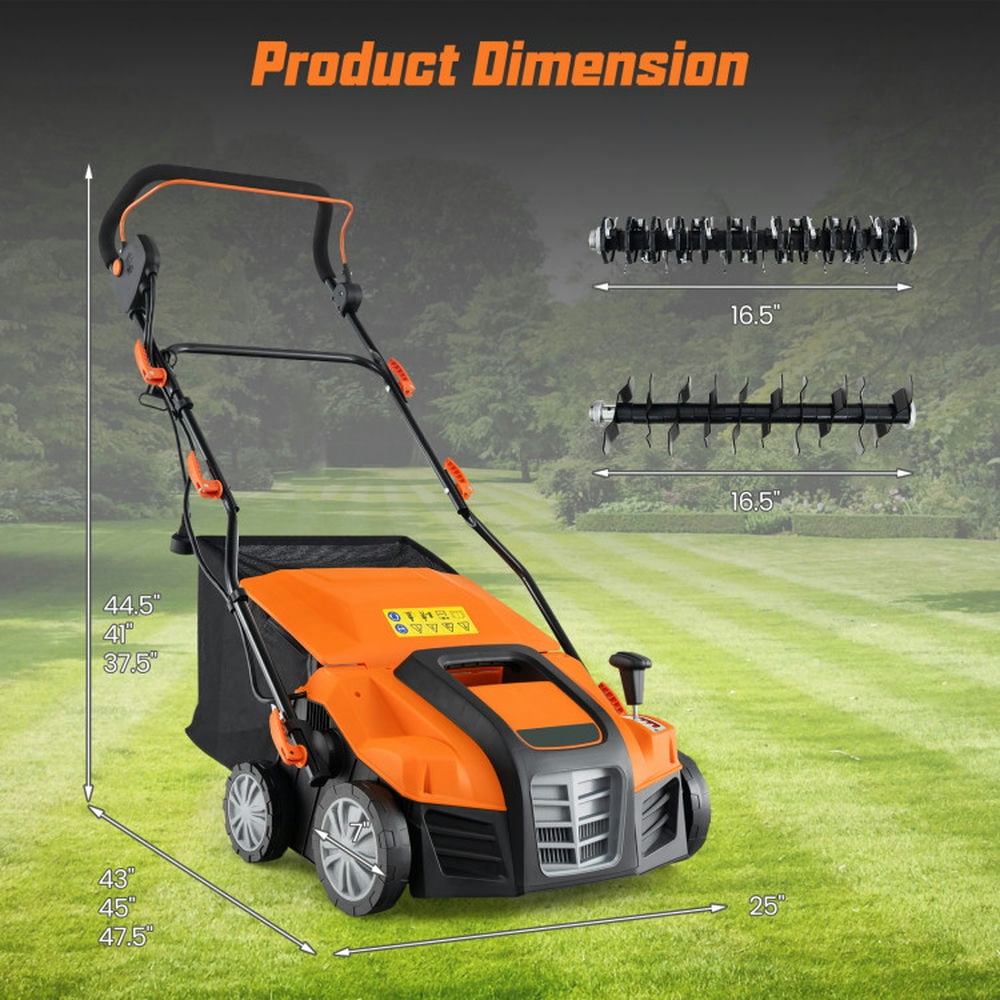 Topcobe 16" Electric Lawn Dethatcher and Scarifier with Collection Bag, Walk Behind for Yard Lawn Garden Care, Orange