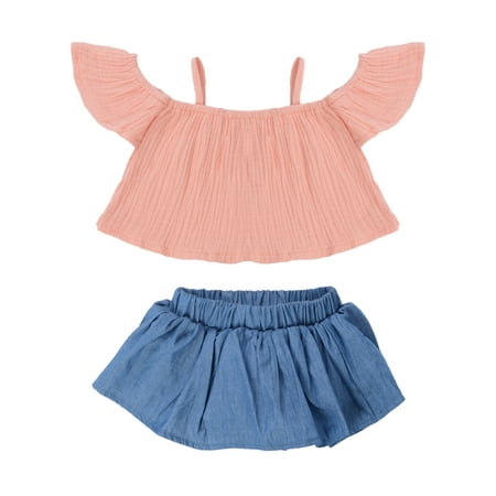 

One opening 2 Pcs Baby Girl Clothing Off Shoulder Ruffled Sleeve Top + Skirt