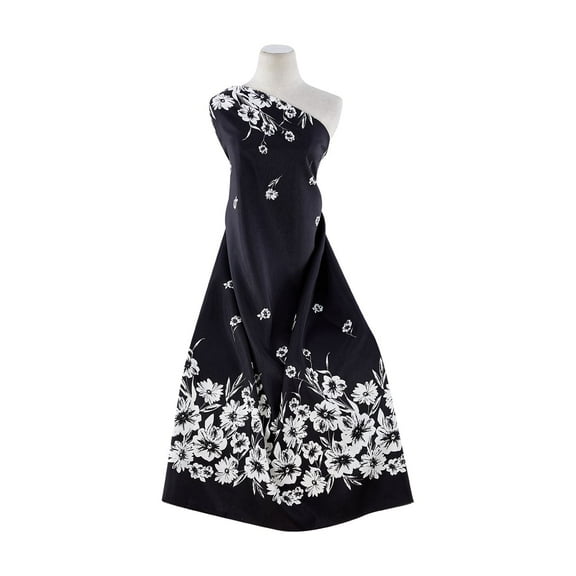 Zelouf Double Border Flower Print On Shantung , Sewing, DIY, Crafts Fabric by the Yard, Black/white, 3 Yard