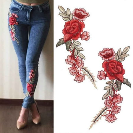 - 1 Pair DIY Rose Flower Embroidered Patches Sew On Patch Applique For Jeans Pants