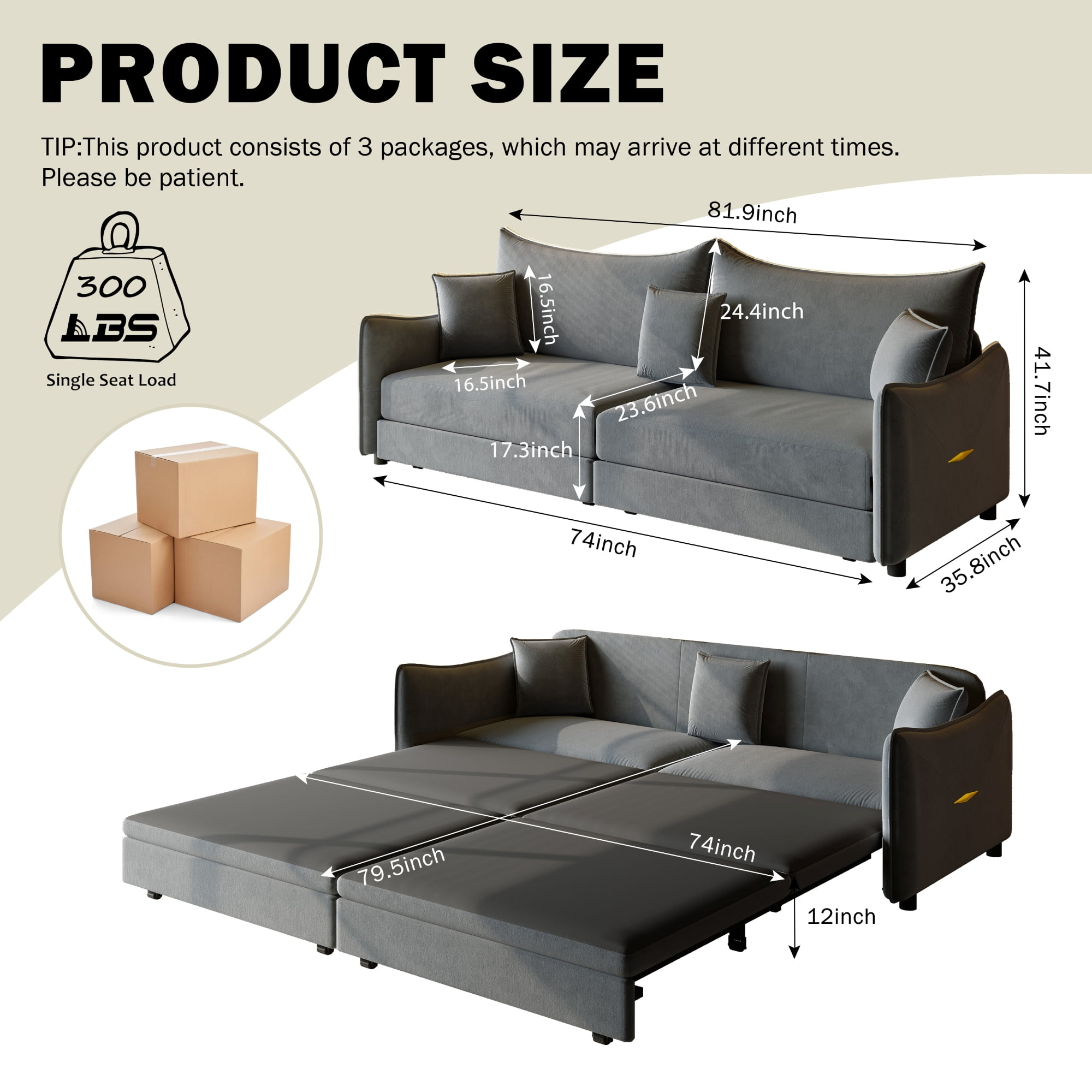 LLappuil 82" Pull Out Sofa Bed King Size, Loveseat Sofa Convertible Sofa Bed, Velvet 3 Seat Sofa Couch for Living Room Dark Gray