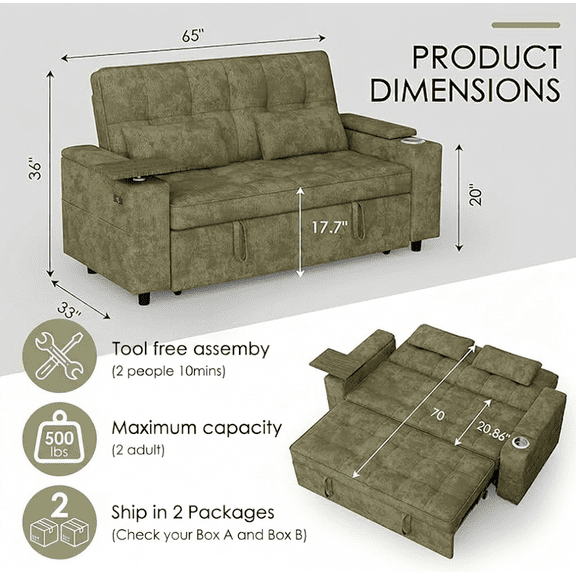 Howcool 65" Sleeper Sofa Bed, 3-in-1 Convertible Pull Out Couch Bed with Tray Table & Cup Holders, Chenille Loveseat Sofa with Adjustable Backrest for Living Room, Apartment