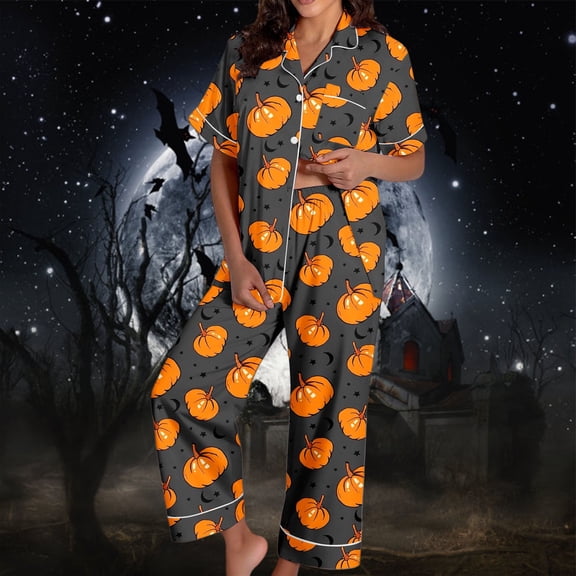 LILIYA Halloween Pajamas for Women Set 2 Piece Button Down Cute Sleepwear Short Sleeve Shirt Pants Sets Baggy Cozy Fall Button Loungewear